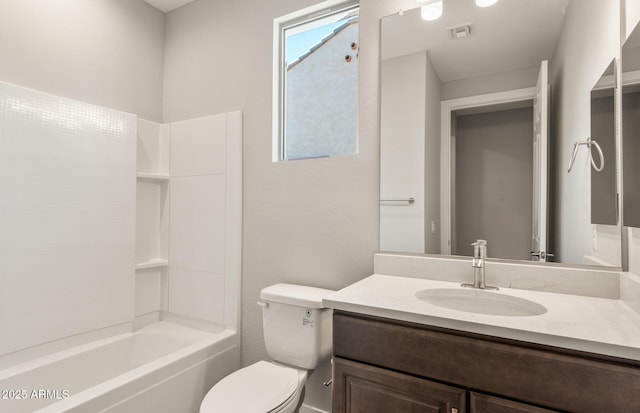 full bath featuring washtub / shower combination, visible vents, vanity, and toilet