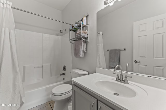 full bathroom featuring toilet, tile patterned floors, shower / bathtub combination with curtain, and vanity