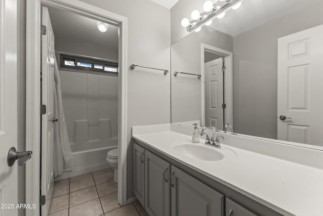 full bathroom featuring toilet, vanity, shower / bathtub combination with curtain, and tile patterned flooring