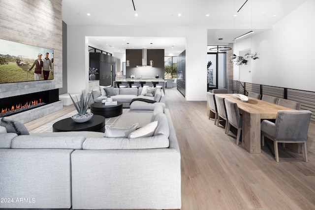 living room featuring a fireplace and light hardwood / wood-style flooring