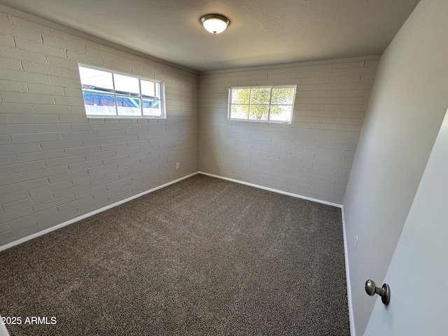 empty room featuring brick wall, dark colored carpet, plenty of natural light, and a textured ceiling