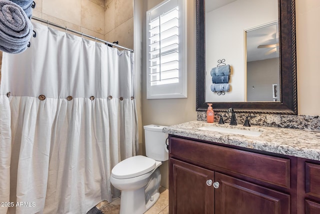 full bath featuring vanity, tile patterned flooring, toilet, a shower with shower curtain, and a ceiling fan
