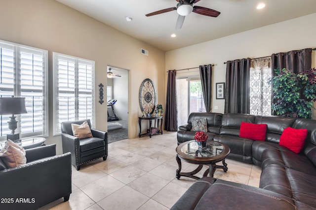 living room with visible vents, recessed lighting, ceiling fan, and light tile patterned floors