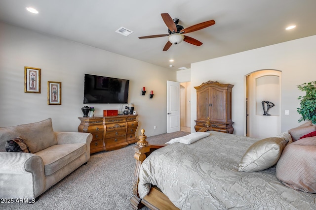 carpeted bedroom with visible vents, recessed lighting, and ceiling fan