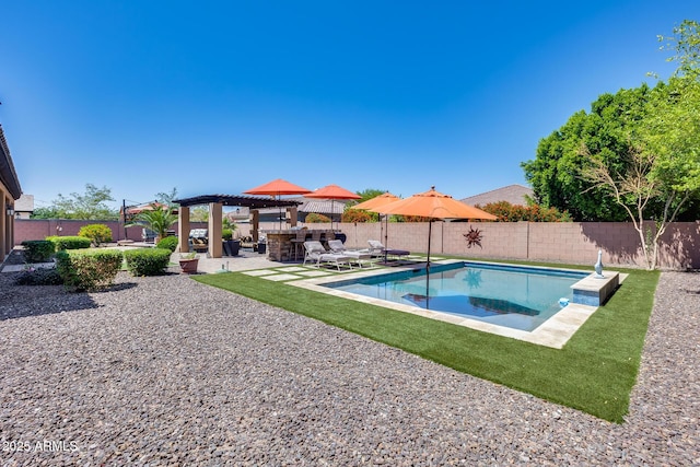 view of pool with a fenced backyard, a fenced in pool, a patio area, and a pergola