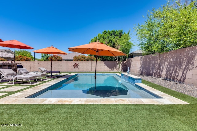 view of swimming pool featuring a fenced in pool, a lawn, a fenced backyard, and a patio area