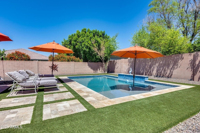 view of pool featuring a fenced in pool, a fenced backyard, and a patio area