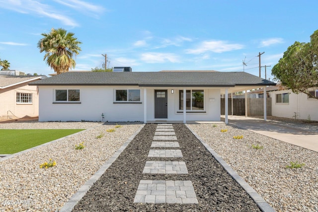 1205 W 7th St, Tempe, AZ 85281 - single story home featuring driveway, a shingled roof, an attached carport, cooling unit, and covered porch