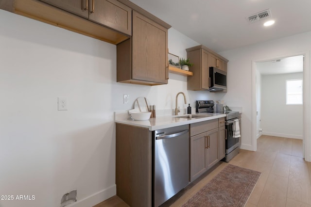 1205 W 7th St, Tempe, AZ 85281 - kitchen with appliances with stainless steel finishes, a sink, light countertops, open shelves, and baseboards
