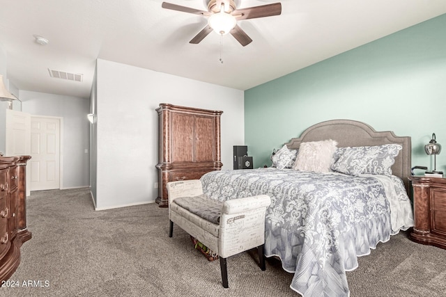 carpeted bedroom with ceiling fan