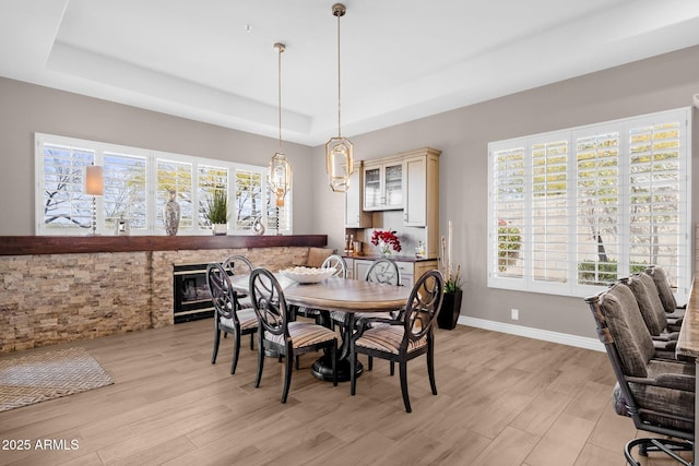 dining room with light wood finished floors, a tray ceiling, plenty of natural light, and baseboards