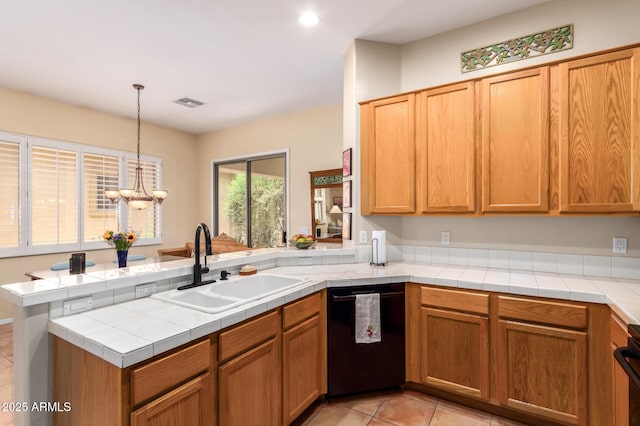 1851 W Periwinkle Way, Chandler, AZ 85248 - kitchen with dishwasher, a peninsula, light tile patterned floors, a chandelier, and pendant lighting