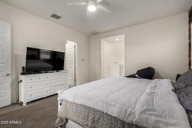 carpeted bedroom featuring ceiling fan