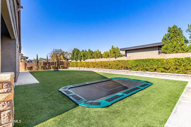 view of community featuring a lawn and a trampoline