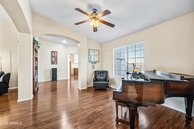 8479 E Sunrise Sky Dr, Gold Canyon, AZ 85118 - miscellaneous room featuring dark wood-type flooring, ceiling fan, and vaulted ceiling