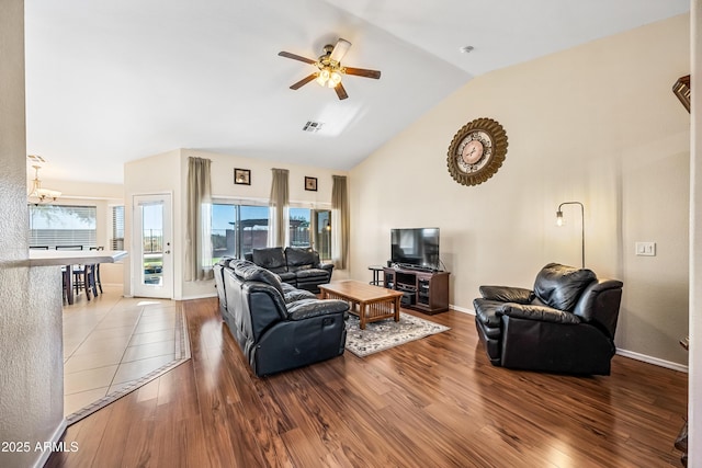 8479 E Sunrise Sky Dr, Gold Canyon, AZ 85118 - living room featuring ceiling fan, lofted ceiling, and hardwood / wood-style floors
