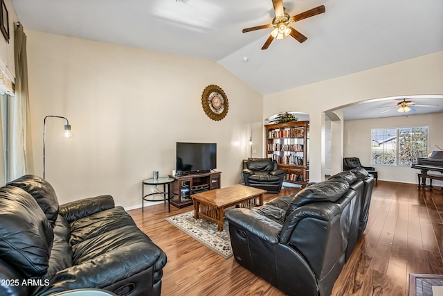 8479 E Sunrise Sky Dr, Gold Canyon, AZ 85118 - living room featuring vaulted ceiling, ceiling fan, and light hardwood / wood-style floors
