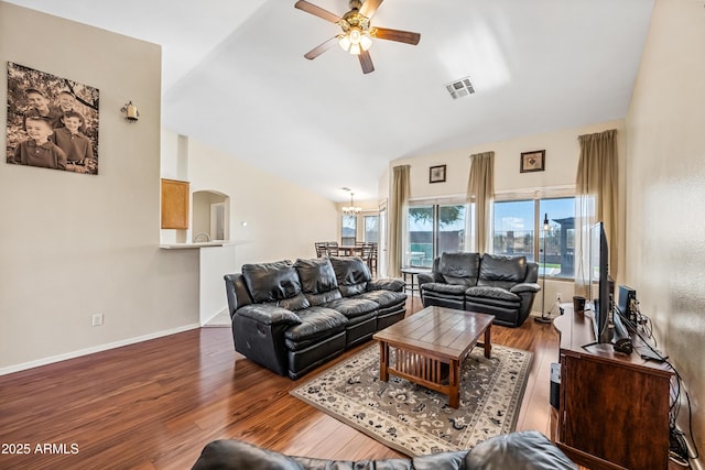 8479 E Sunrise Sky Dr, Gold Canyon, AZ 85118 - living room with hardwood / wood-style flooring, vaulted ceiling, and ceiling fan with notable chandelier