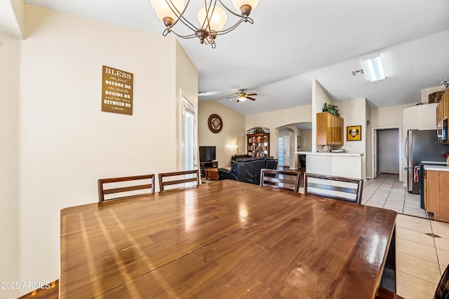 8479 E Sunrise Sky Dr, Gold Canyon, AZ 85118 - unfurnished dining area with vaulted ceiling, ceiling fan with notable chandelier, and light tile patterned floors