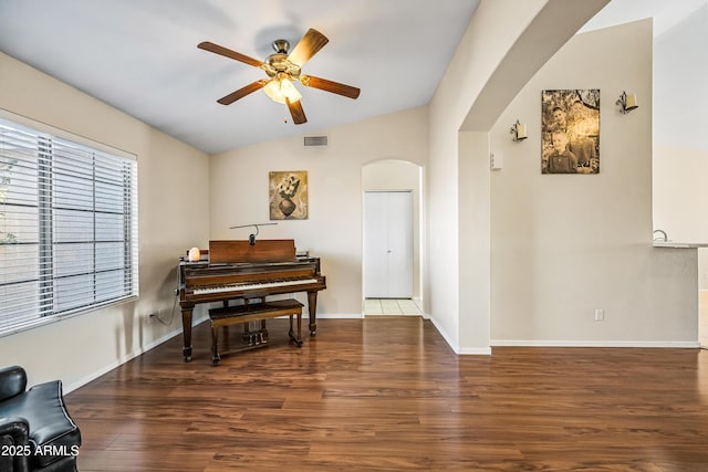 8479 E Sunrise Sky Dr, Gold Canyon, AZ 85118 - misc room with ceiling fan, dark hardwood / wood-style floors, and vaulted ceiling