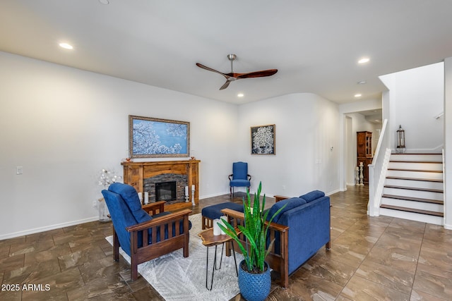31332 N 137th Ln, Peoria, AZ 85383 - living area featuring ceiling fan, a stone fireplace, stairs, and recessed lighting