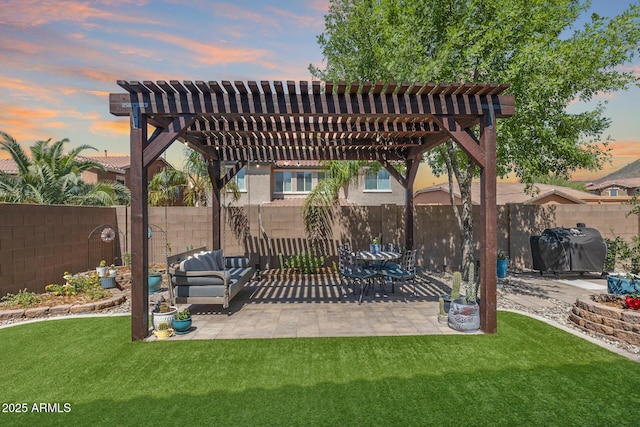 31332 N 137th Ln, Peoria, AZ 85383 - patio terrace at dusk featuring a fenced backyard, a patio area, a pergola, and area for grilling
