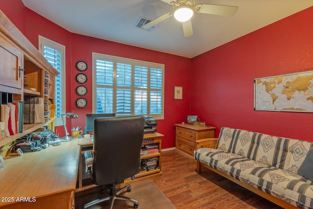 office area featuring ceiling fan and wood-type flooring