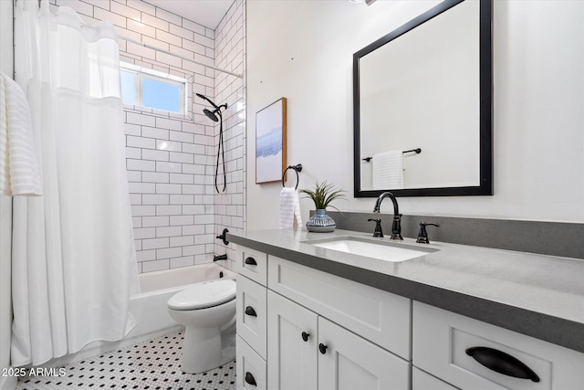 full bathroom with vanity, toilet, and shower / tub combo with curtain