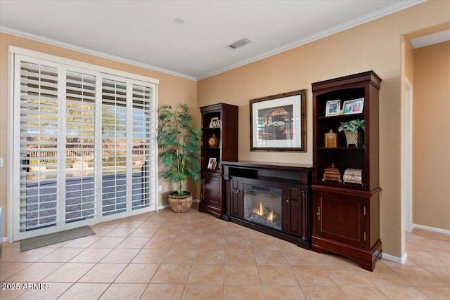 tiled living room with ornamental molding