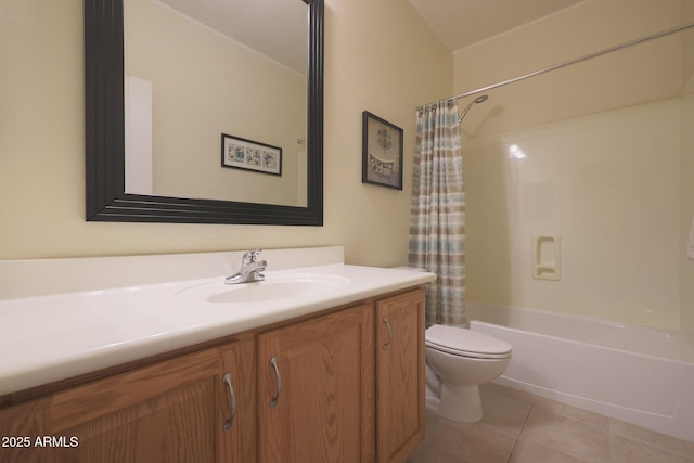 full bathroom featuring toilet, vanity, tile patterned floors, and shower / bathtub combination with curtain