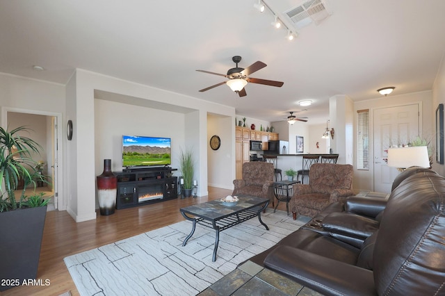 living room featuring hardwood / wood-style flooring and ceiling fan