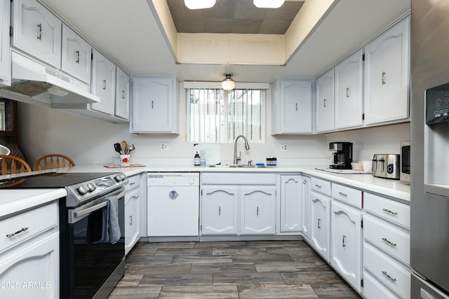 kitchen with under cabinet range hood, stainless steel appliances, a sink, white cabinetry, and a tray ceiling