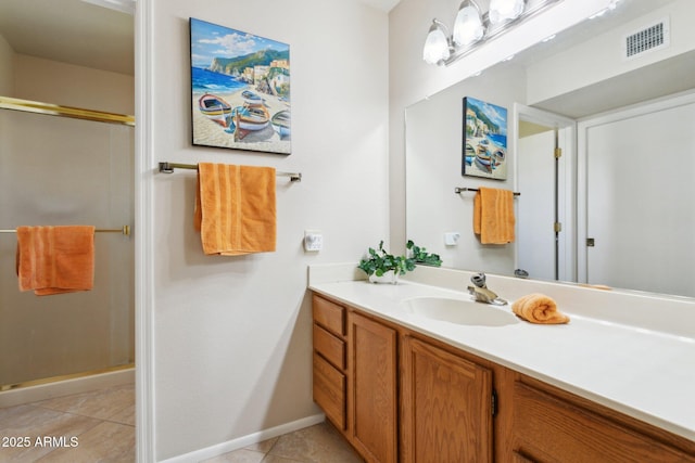 full bath featuring visible vents, a shower stall, vanity, baseboards, and tile patterned floors