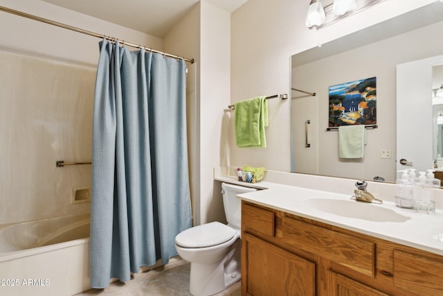 bathroom featuring vanity, shower / bathtub combination with curtain, tile patterned flooring, and toilet