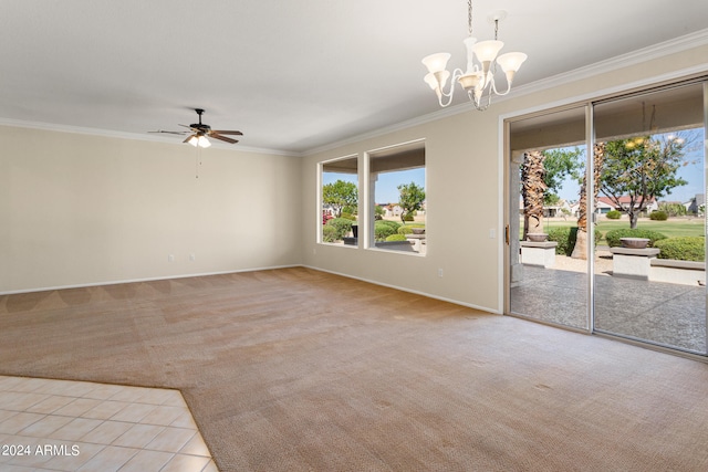 unfurnished room featuring ceiling fan with notable chandelier, crown molding, and light carpet