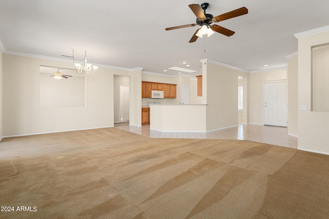 unfurnished living room featuring light carpet, ceiling fan with notable chandelier, and crown molding