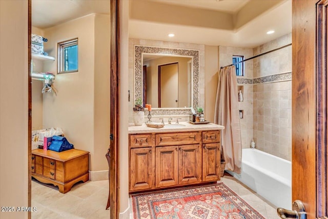 bathroom with tile patterned flooring, vanity, and shower / tub combo with curtain