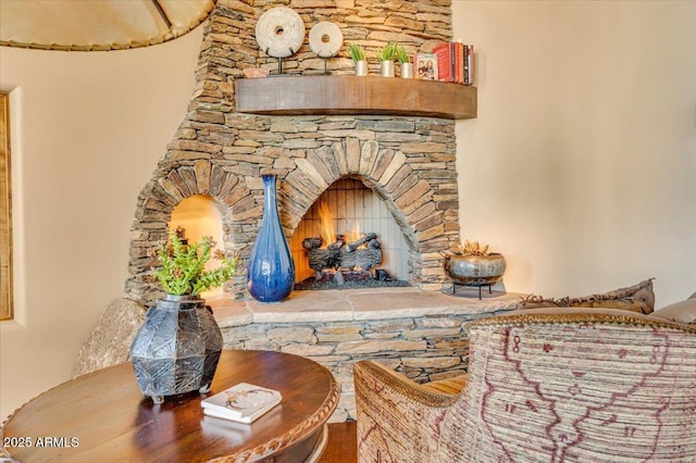 room details with a stone fireplace