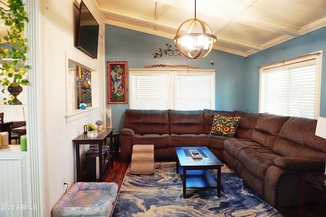 1034 S 3rd St, Coolidge, AZ 85128 - living room with a chandelier, crown molding, wood finished floors, coffered ceiling, and beam ceiling