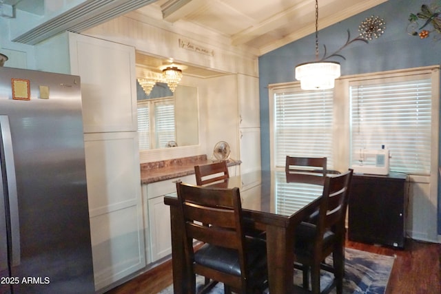 1034 S 3rd St, Coolidge, AZ 85128 - dining area featuring dark wood finished floors, a chandelier, coffered ceiling, beam ceiling, and crown molding