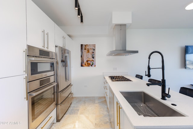 kitchen featuring wall chimney range hood, stainless steel appliances, white cabinets, and sink