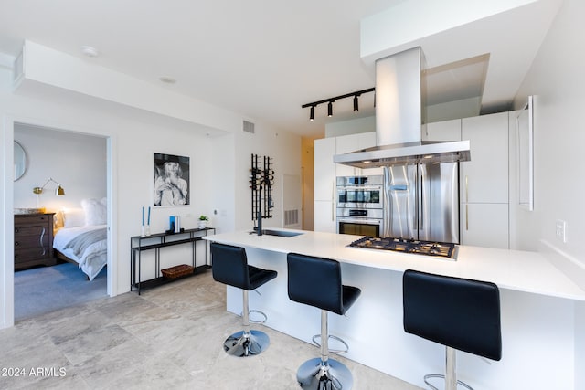 kitchen featuring white cabinets, a breakfast bar area, kitchen peninsula, island exhaust hood, and stainless steel appliances