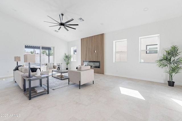 707 E Ocotillo Rd, Phoenix, AZ 85014 - living room with a fireplace, high vaulted ceiling, a ceiling fan, and baseboards