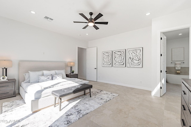 707 E Ocotillo Rd, Phoenix, AZ 85014 - bedroom with recessed lighting, a ceiling fan, ensuite bath, and baseboards