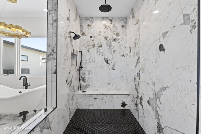 bathroom with plus walk in shower and tile walls