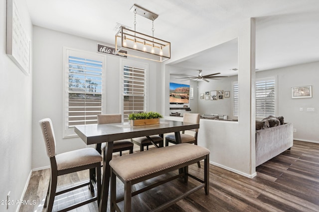 20518 W White Rock Rd, Buckeye, AZ 85396 - dining space with dark wood finished floors, a ceiling fan, and a chandelier