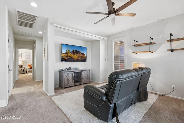 20518 W White Rock Rd, Buckeye, AZ 85396 - living room featuring light colored carpet, a ceiling fan, and recessed lighting