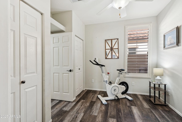 20518 W White Rock Rd, Buckeye, AZ 85396 - exercise room featuring dark wood-style floors and ceiling fan