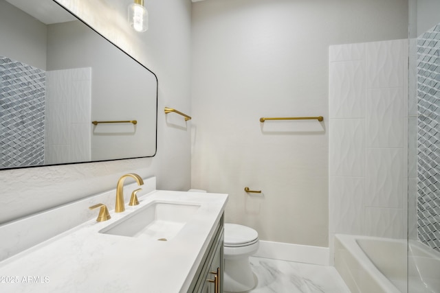 bathroom featuring toilet, vanity, marble finish floors, and shower / bath combination