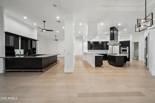 kitchen featuring a spacious island, dark cabinets, ceiling fan, island exhaust hood, and light wood finished floors